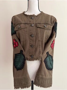Cinq a Sept Womens Olive Embroidered Fringe Crop Jacket